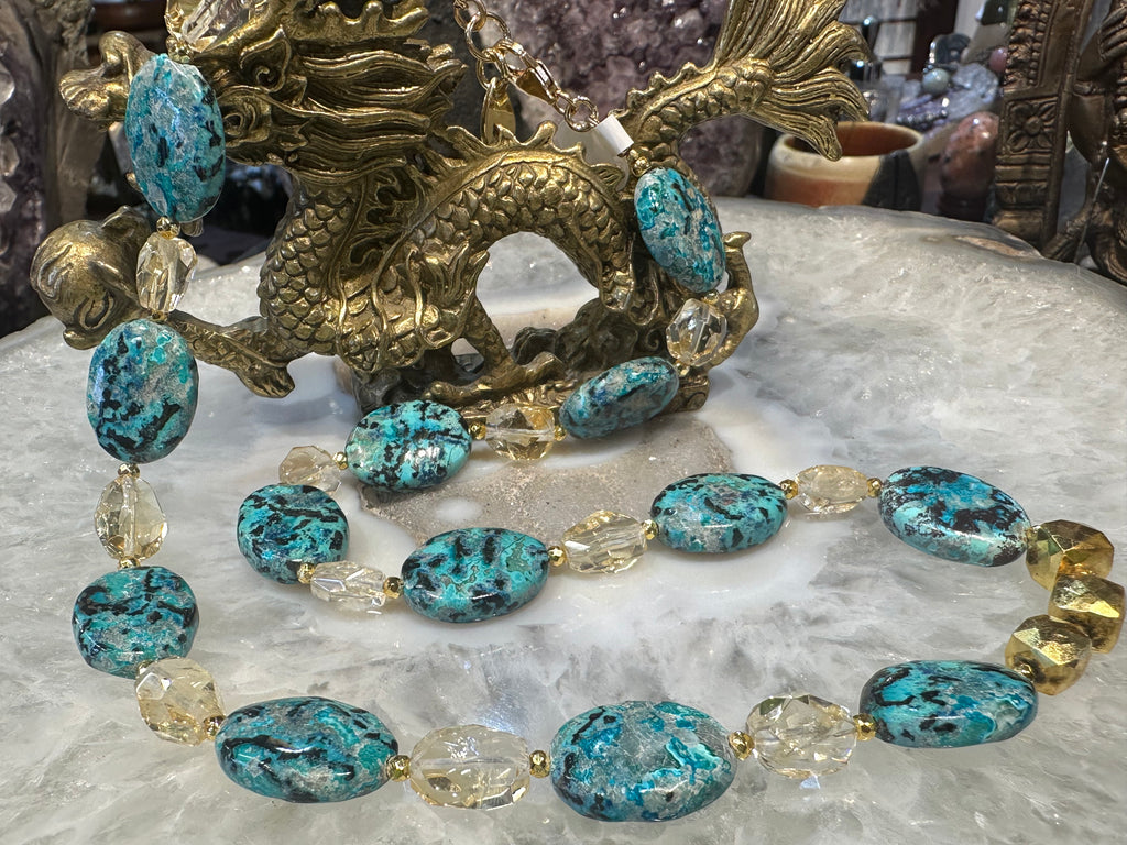 Chrysocolla & citrine cut gemstone necklace