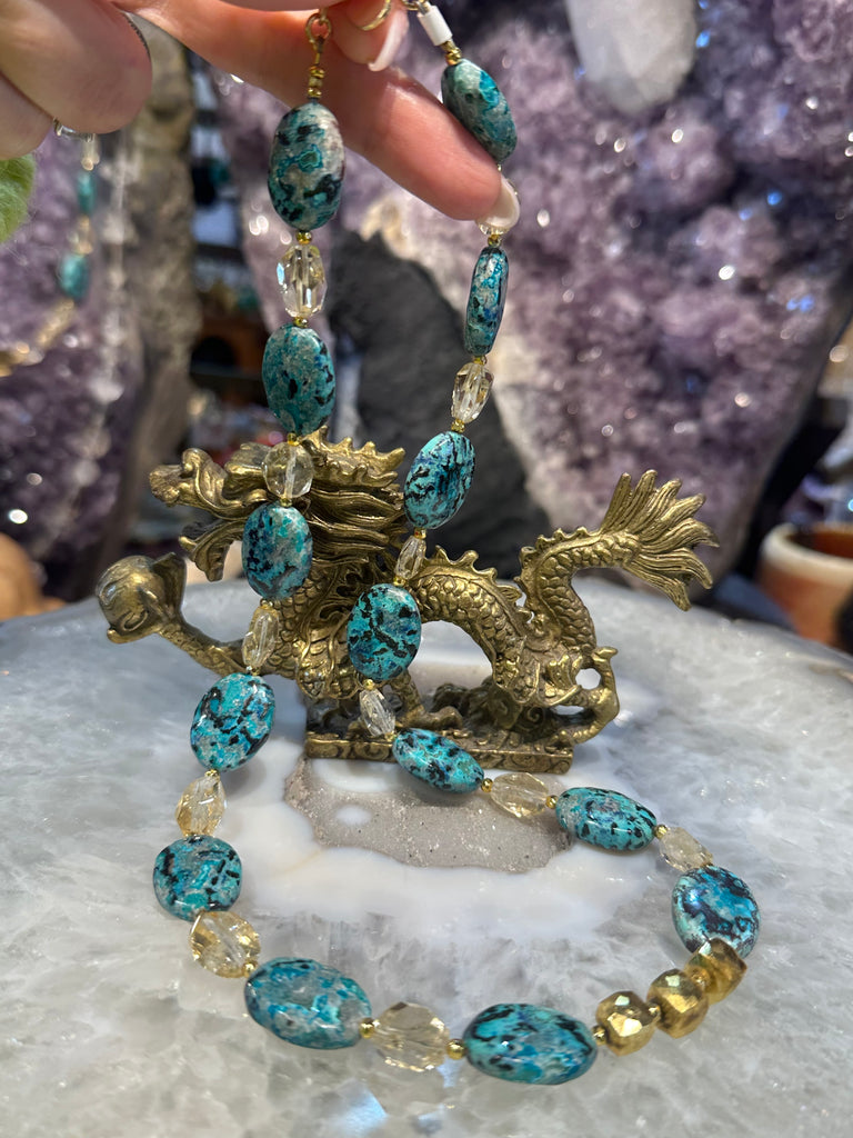 Chrysocolla & citrine cut gemstone necklace