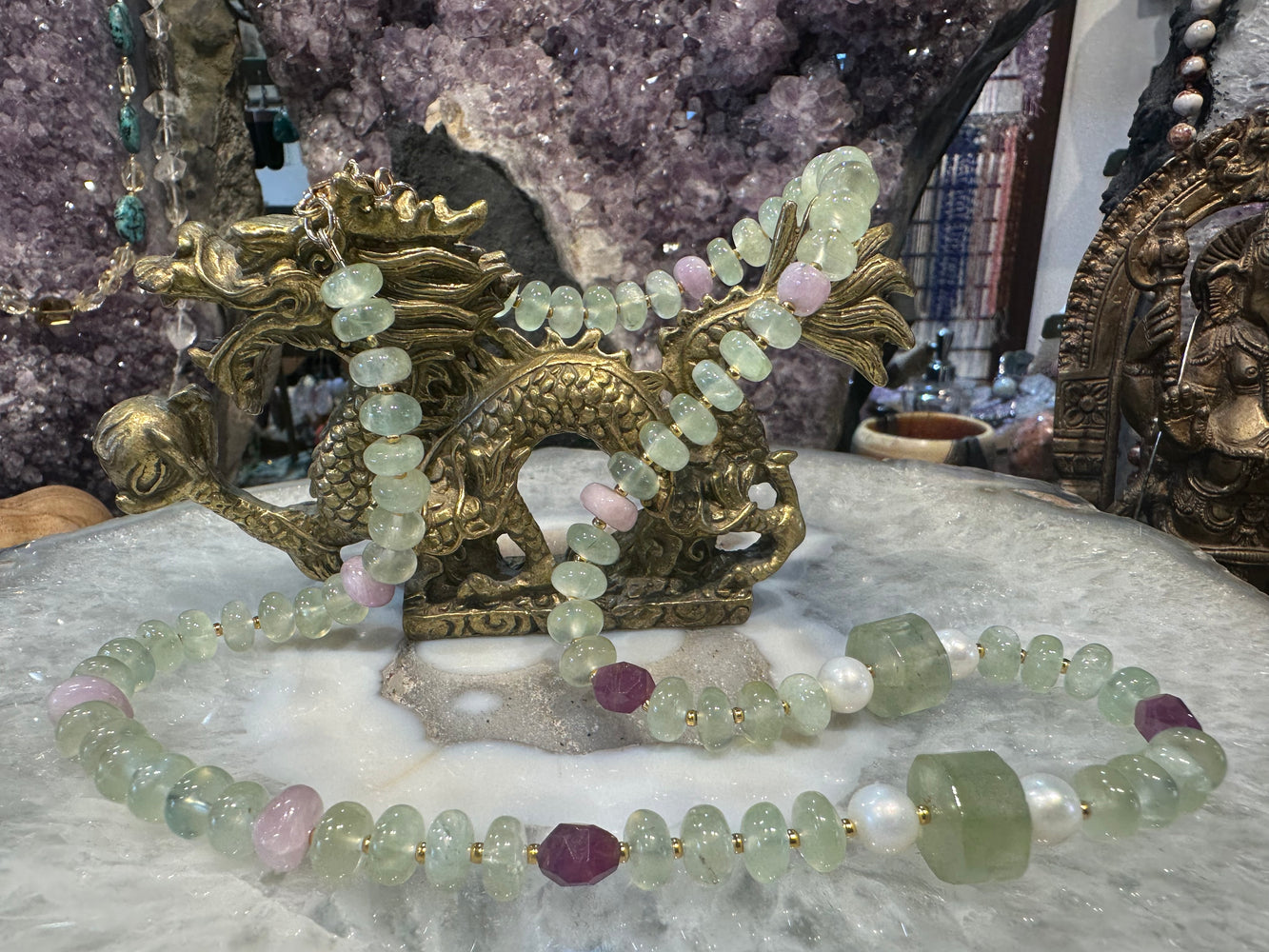 Prehnite rondelle & ruby with pearl gemstone necklace