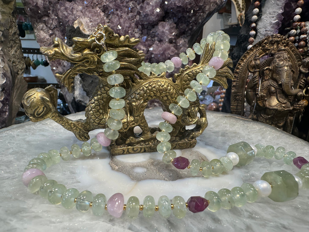 Prehnite rondelle & ruby with pearl gemstone necklace
