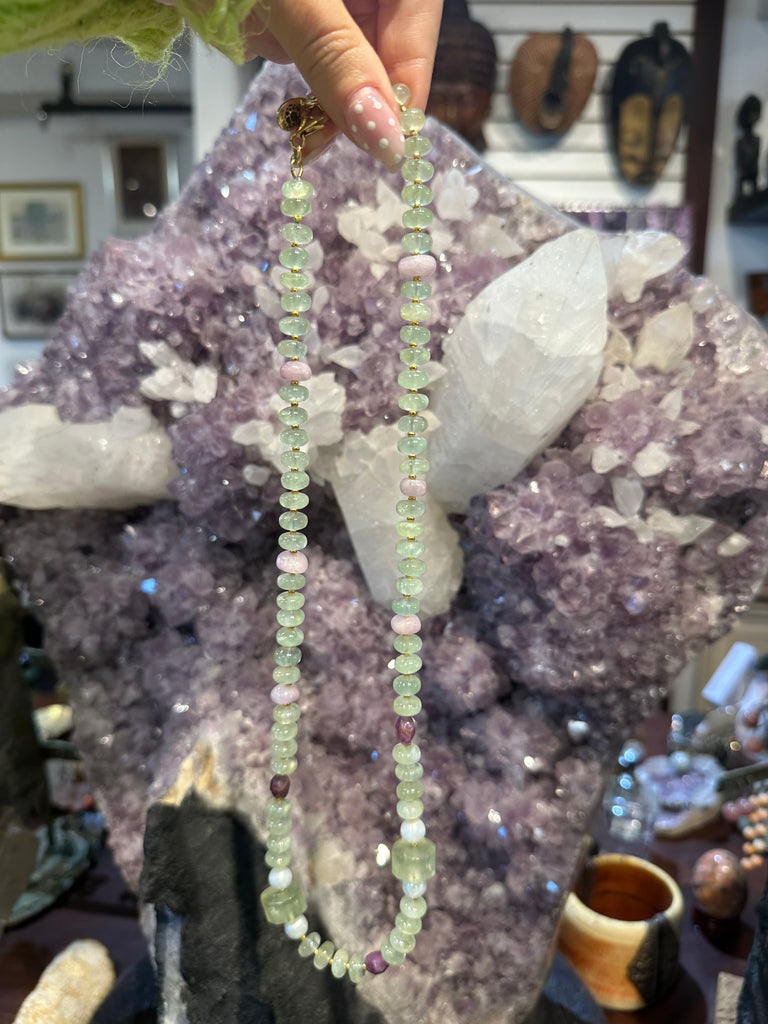 Prehnite rondelle & ruby with pearl gemstone necklace