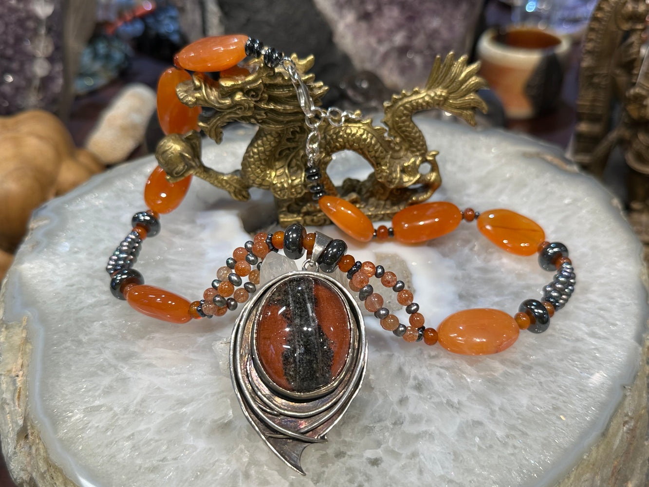 Stunning rare Lodalite phantom quartz & carnelian gemstone necklace