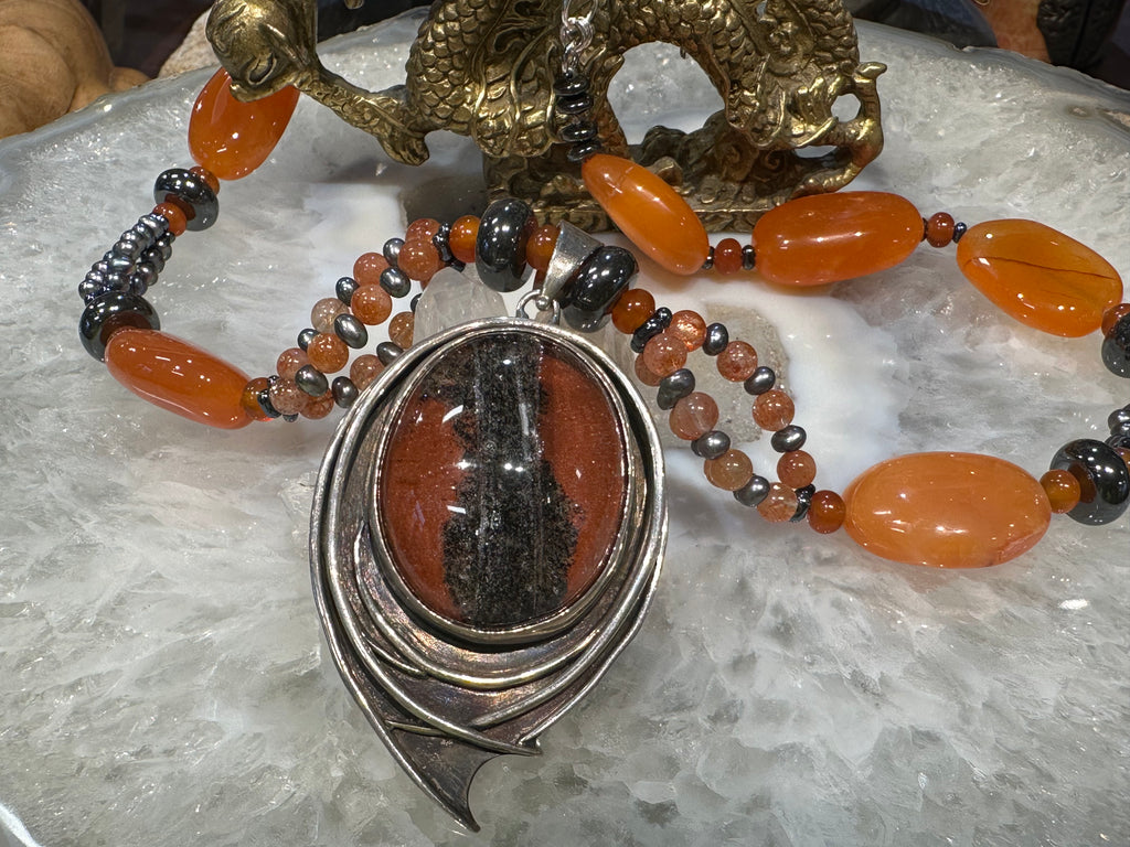 Stunning rare Lodalite phantom quartz & carnelian gemstone necklace