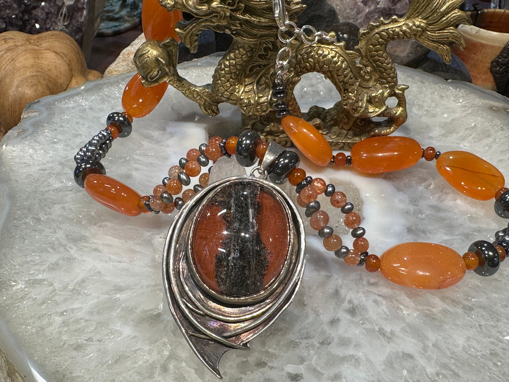 Stunning rare Lodalite phantom quartz & carnelian gemstone necklace