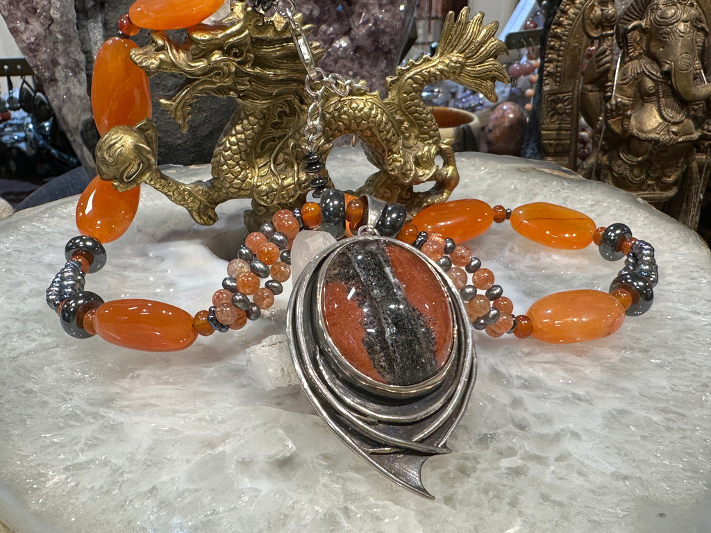 Stunning rare Lodalite phantom quartz & carnelian gemstone necklace