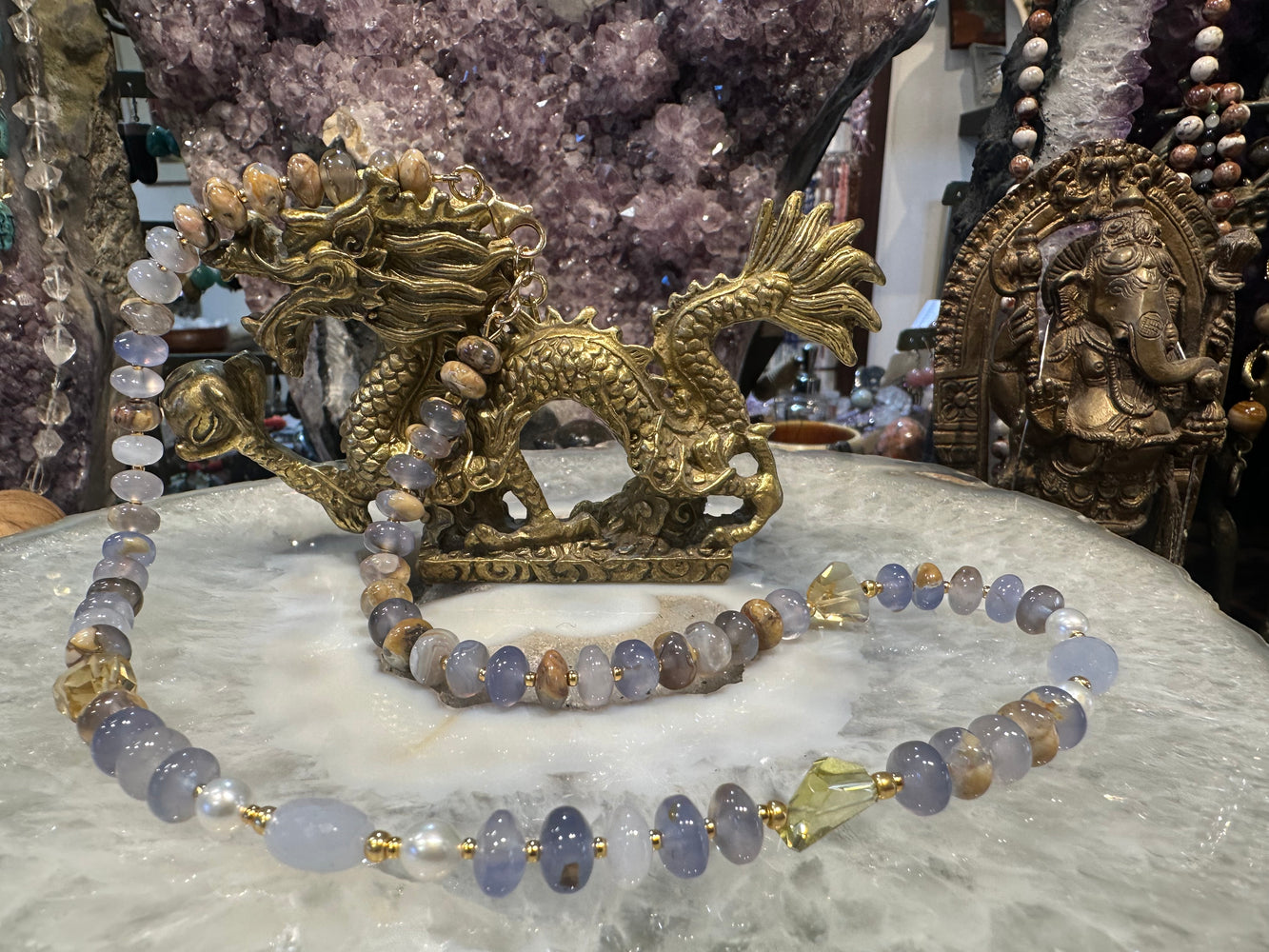 Blue chalcedony & lemon quartz gemstone necklace