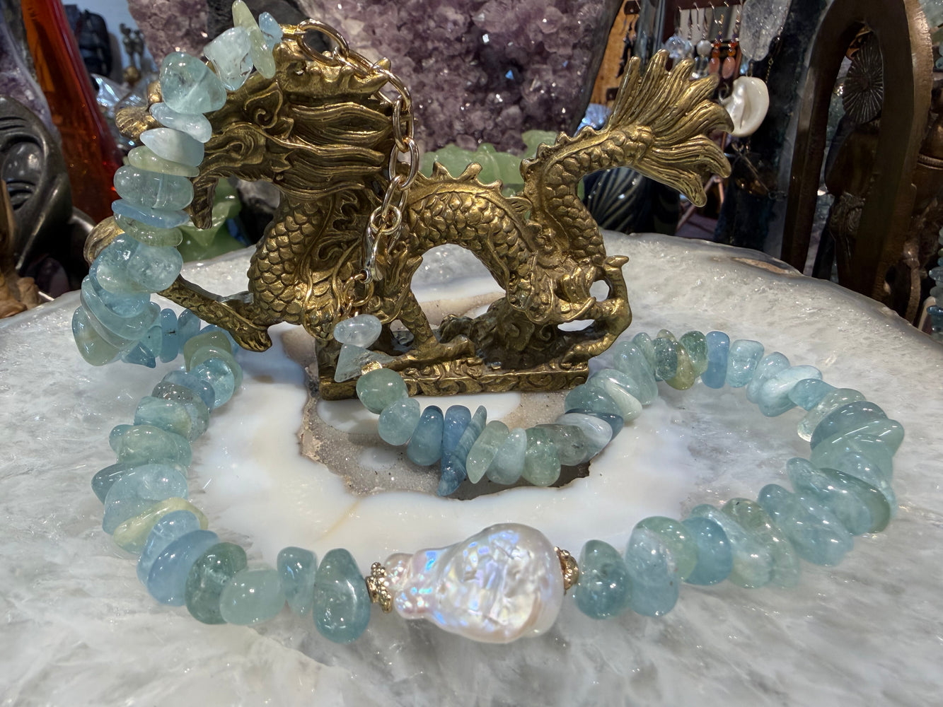 Beautiful Aquamarine & baroque pearl gemstone necklace