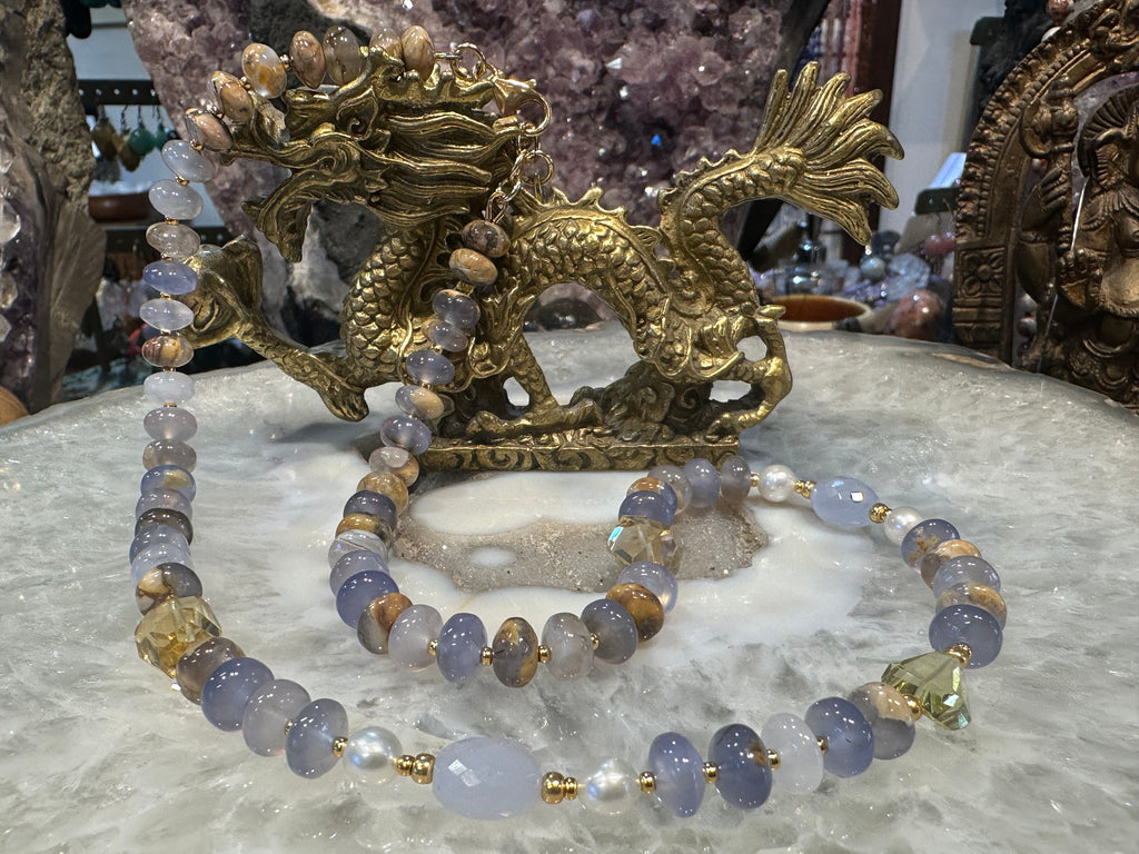 Blue chalcedony & lemon quartz gemstone necklace