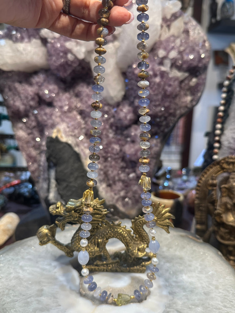 Blue chalcedony & lemon quartz gemstone necklace