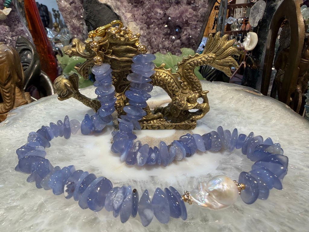 Beautiful Lavender blue chalcedony & baroque pearl gemstone necklace