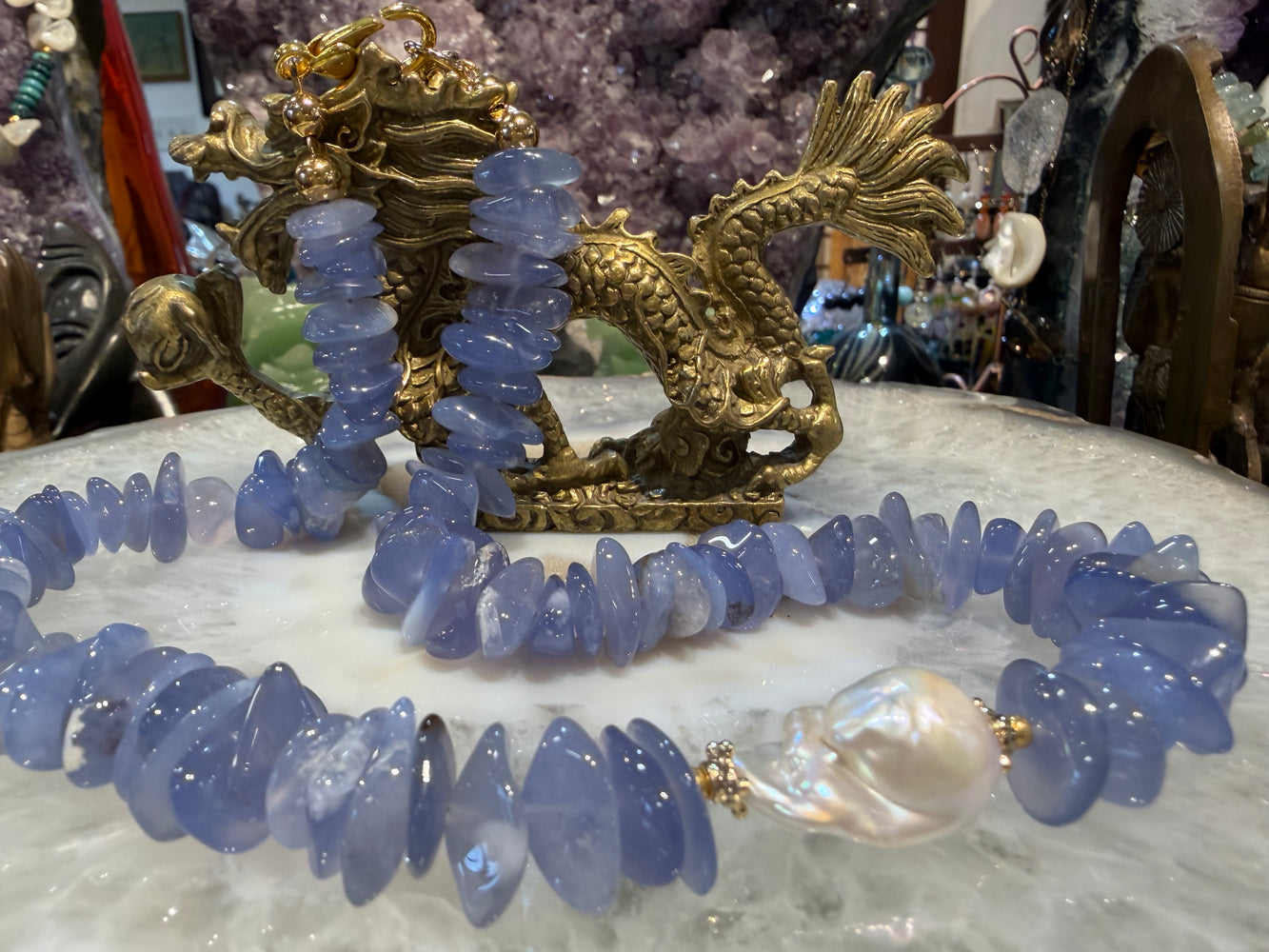 Beautiful Lavender blue chalcedony & baroque pearl gemstone necklace