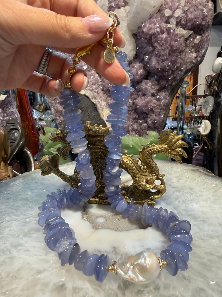 Beautiful Lavender blue chalcedony & baroque pearl gemstone necklace