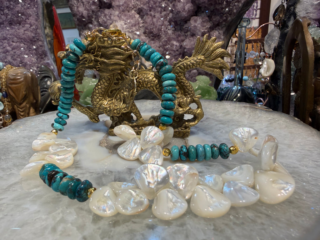Turquoise & mother of pearl gemstone necklace