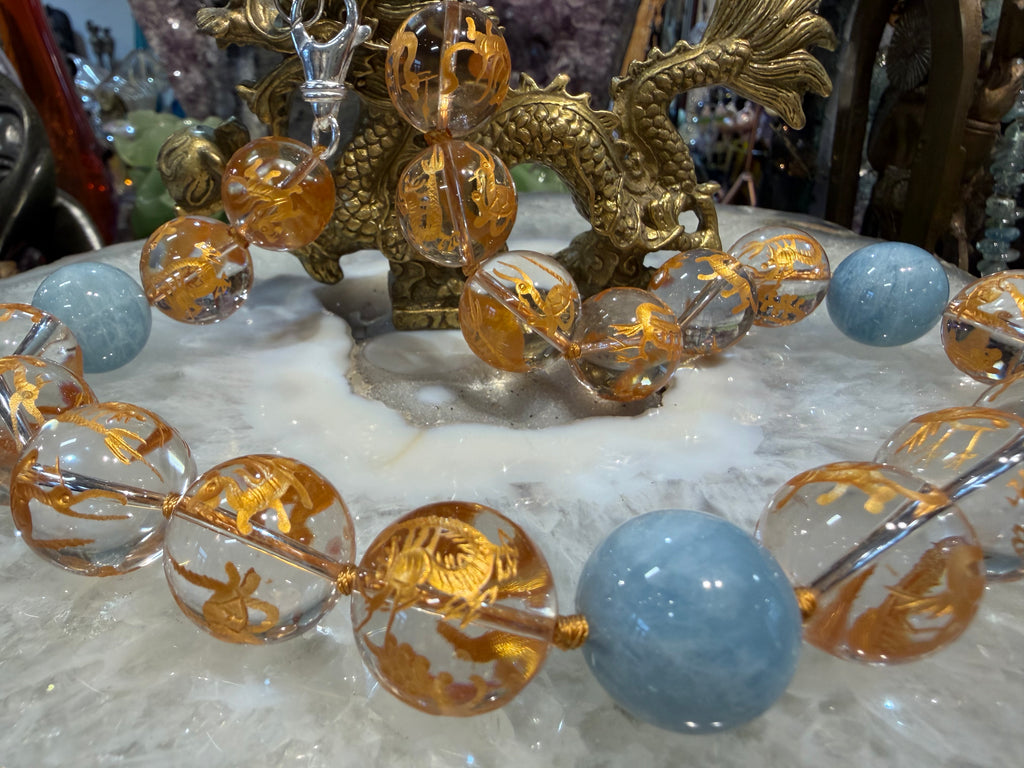 Stunning Quartz & gold dragon & aquamarine gemstone necklace