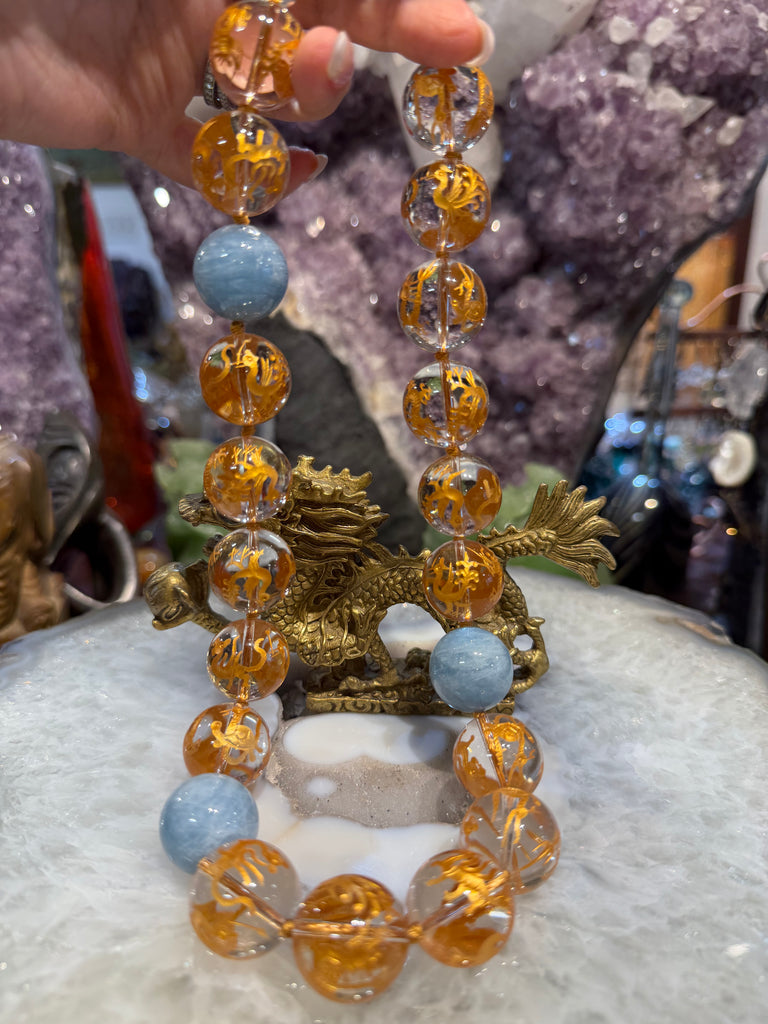 Stunning Quartz & gold dragon & aquamarine gemstone necklace