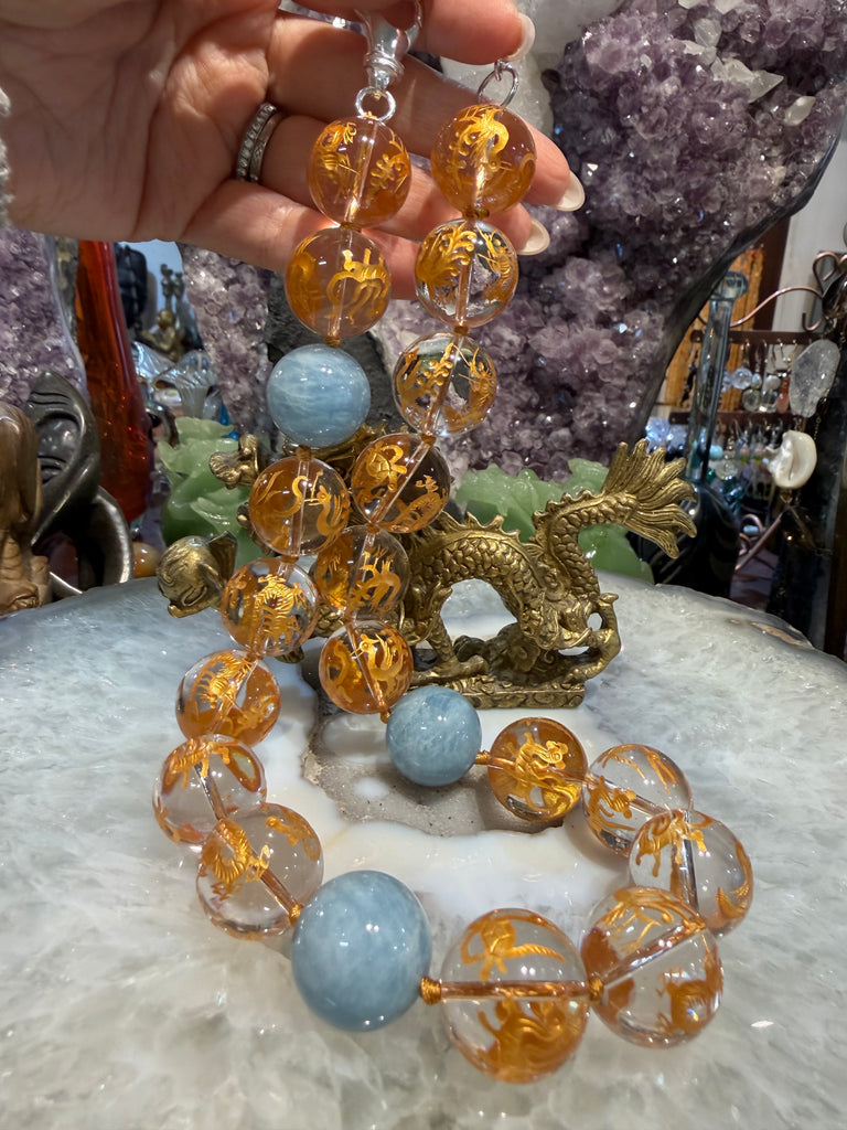 Stunning Quartz & gold dragon & aquamarine gemstone necklace