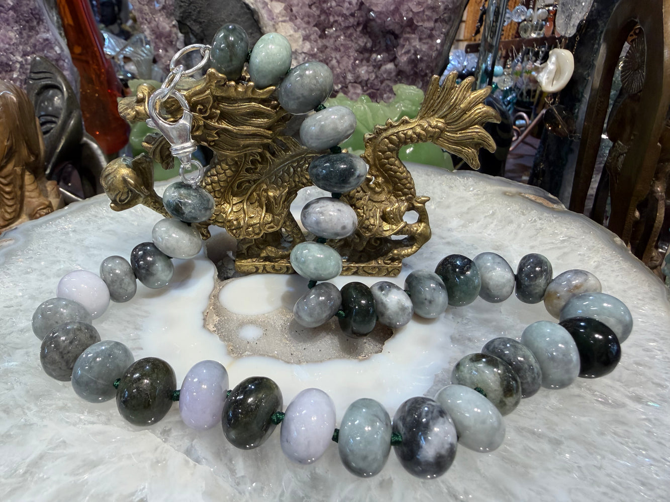 Superb jadeite jade mixed rondelle 16mm gemstone necklace
