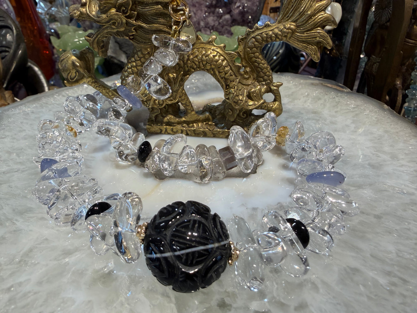 Clear quartz & black agate carved agate shou gemstone necklace
