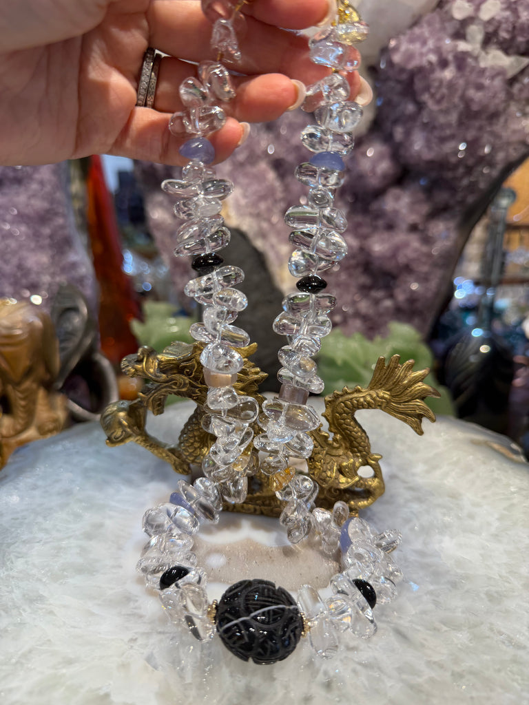 Clear quartz & black agate carved agate shou gemstone necklace