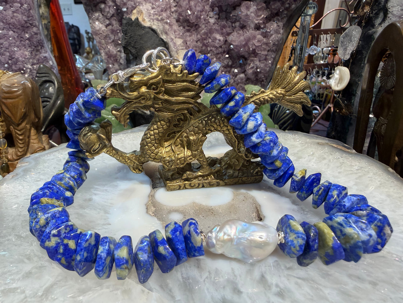 Gorgeous lapis chiseled & baroque pearl gemstone necklace