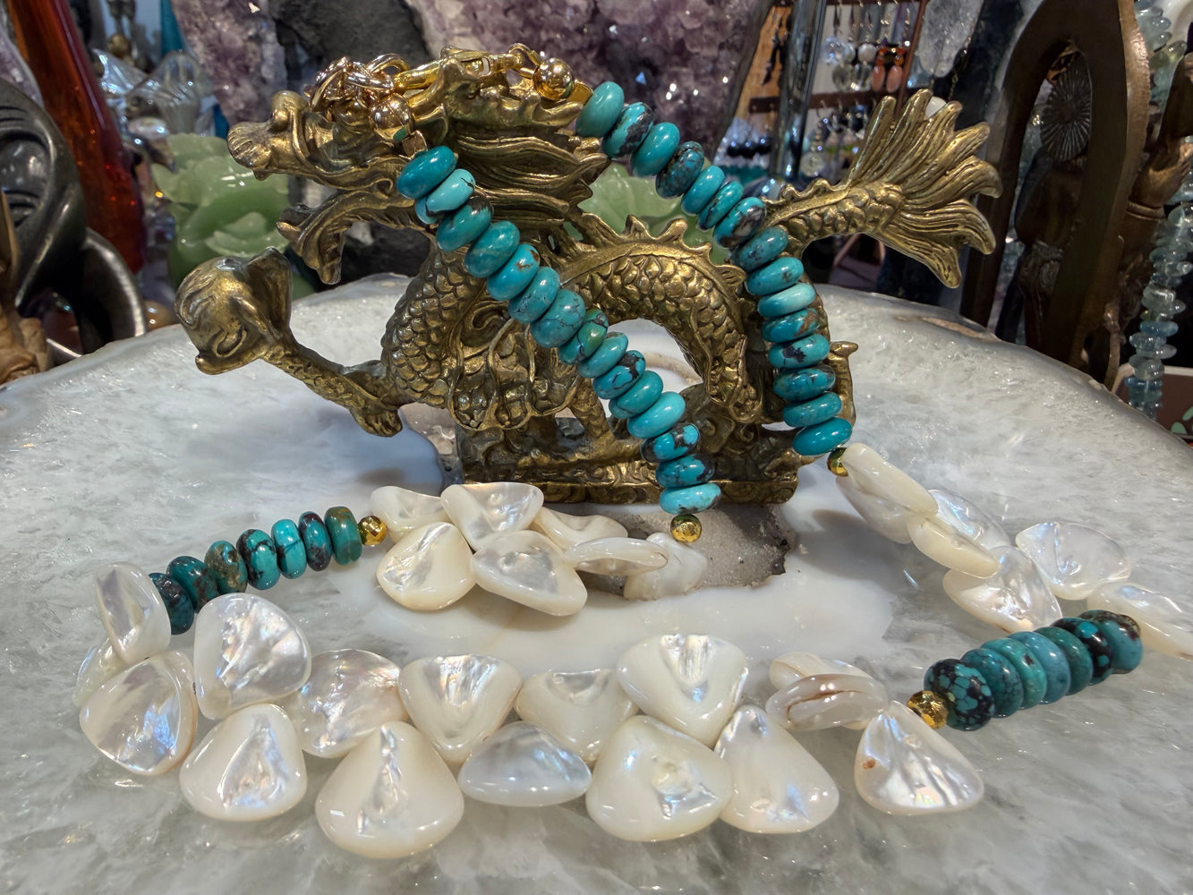 Turquoise & mother of pearl gemstone necklace