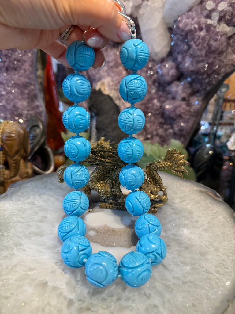 Aqua blue howlite carved shou 22mm gemstone necklace