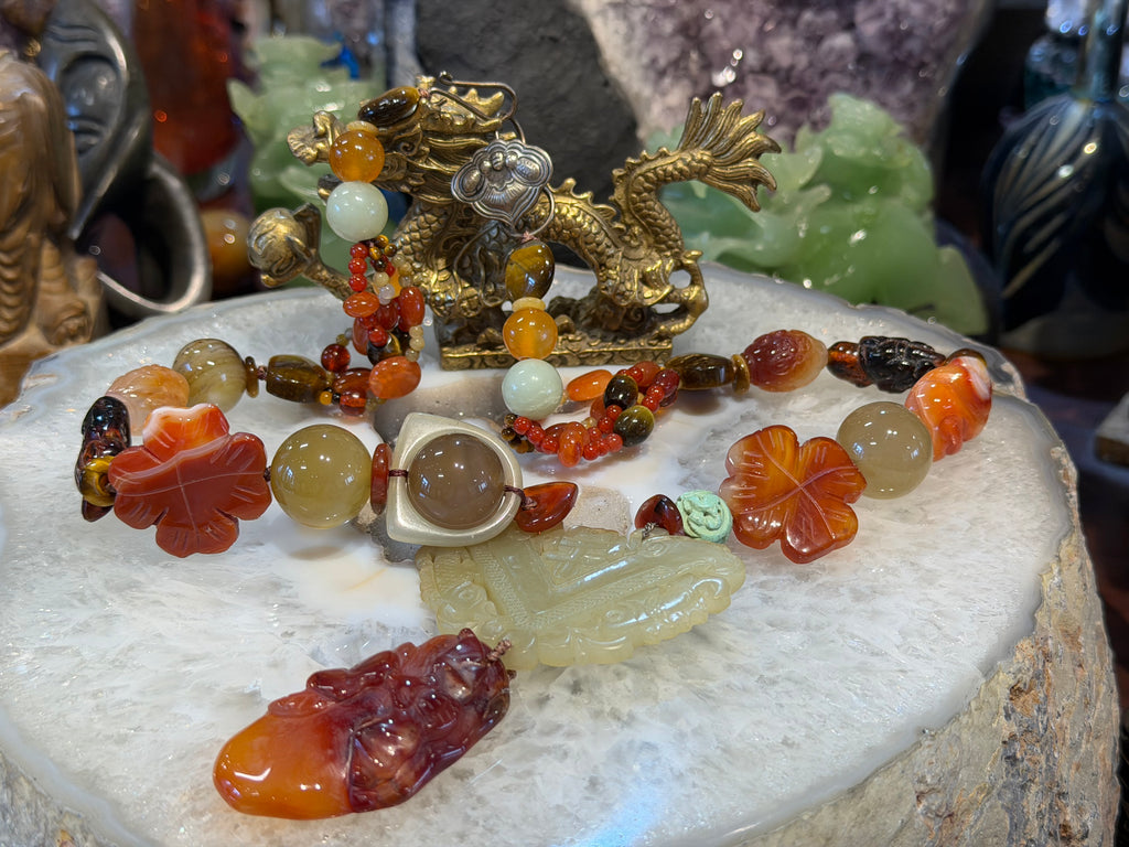Vintage superb carved Chinese jade & gemstone necklace