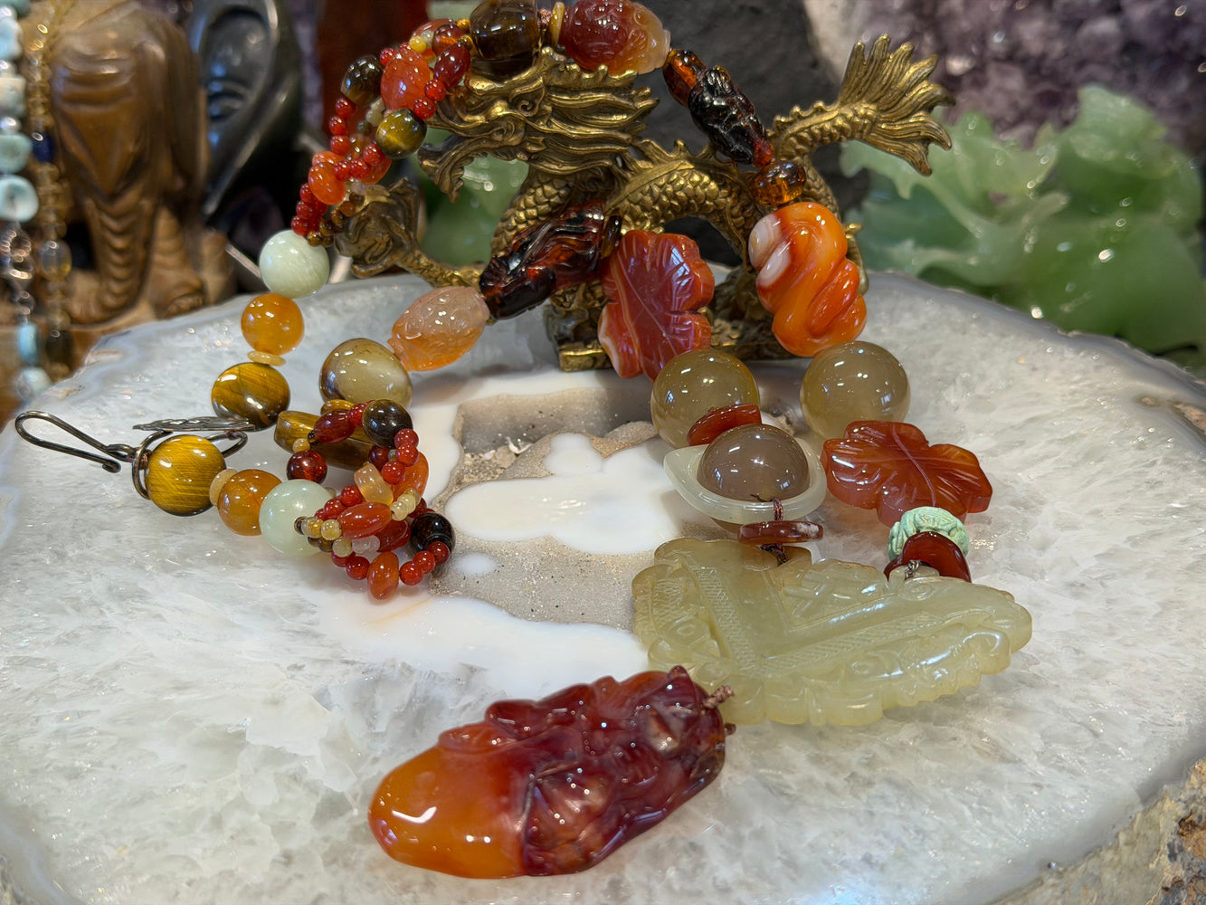 Vintage superb carved Chinese jade & gemstone necklace