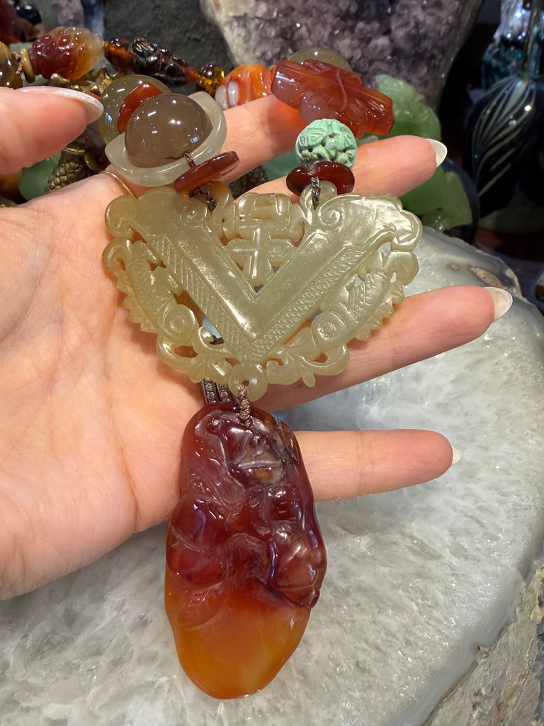 Vintage superb carved Chinese jade & gemstone necklace