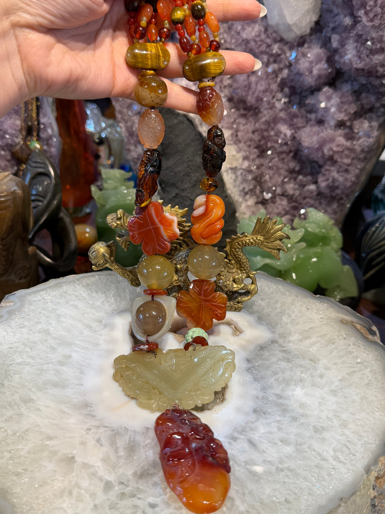 Vintage superb carved Chinese jade & gemstone necklace