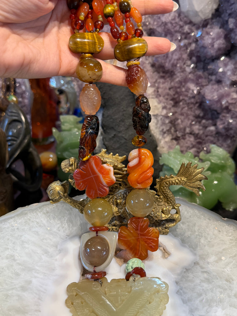 Vintage superb carved Chinese jade & gemstone necklace
