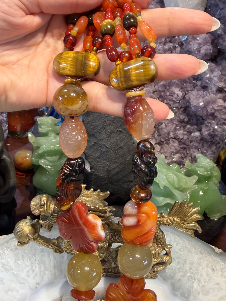 Vintage superb carved Chinese jade & gemstone necklace
