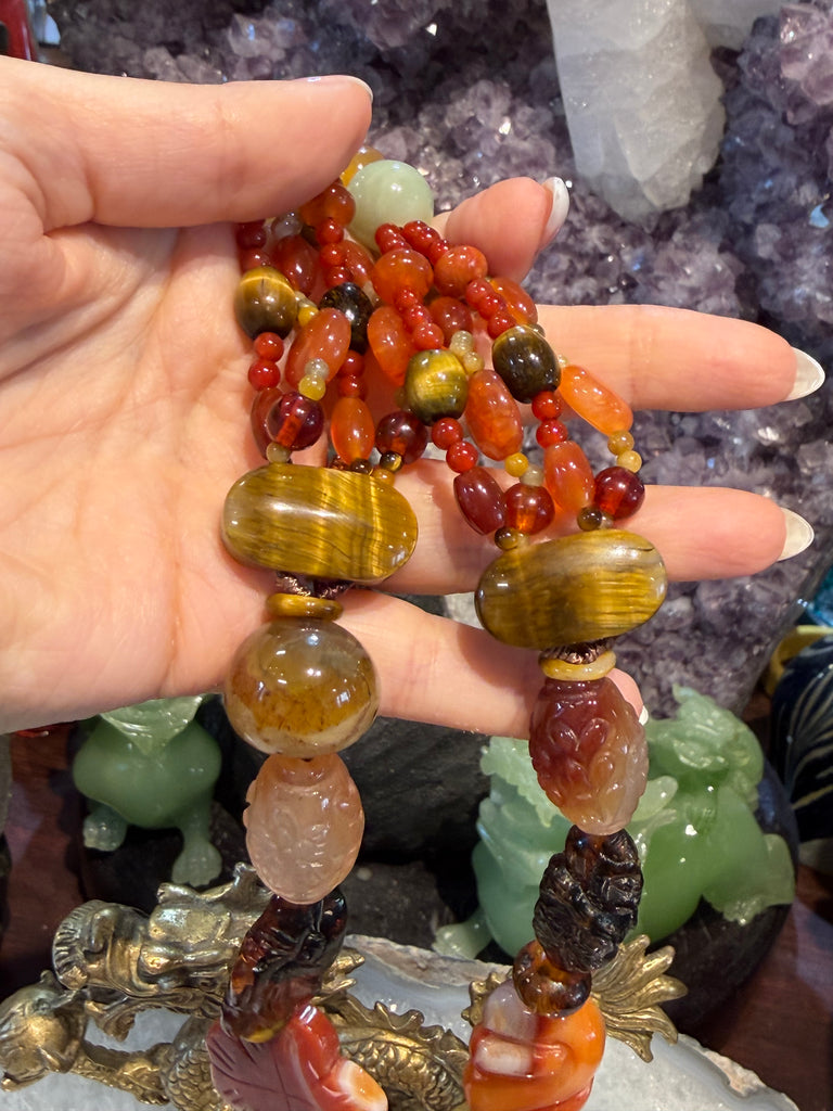 Vintage superb carved Chinese jade & gemstone necklace