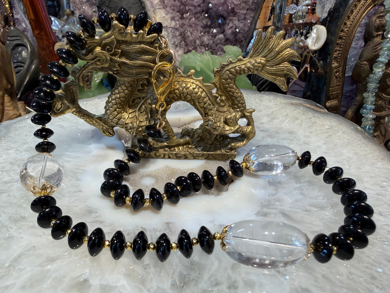 Onyx & large oval quartz gemstone necklace