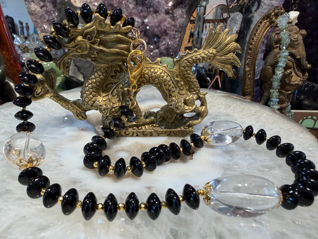 Onyx & large oval quartz gemstone necklace