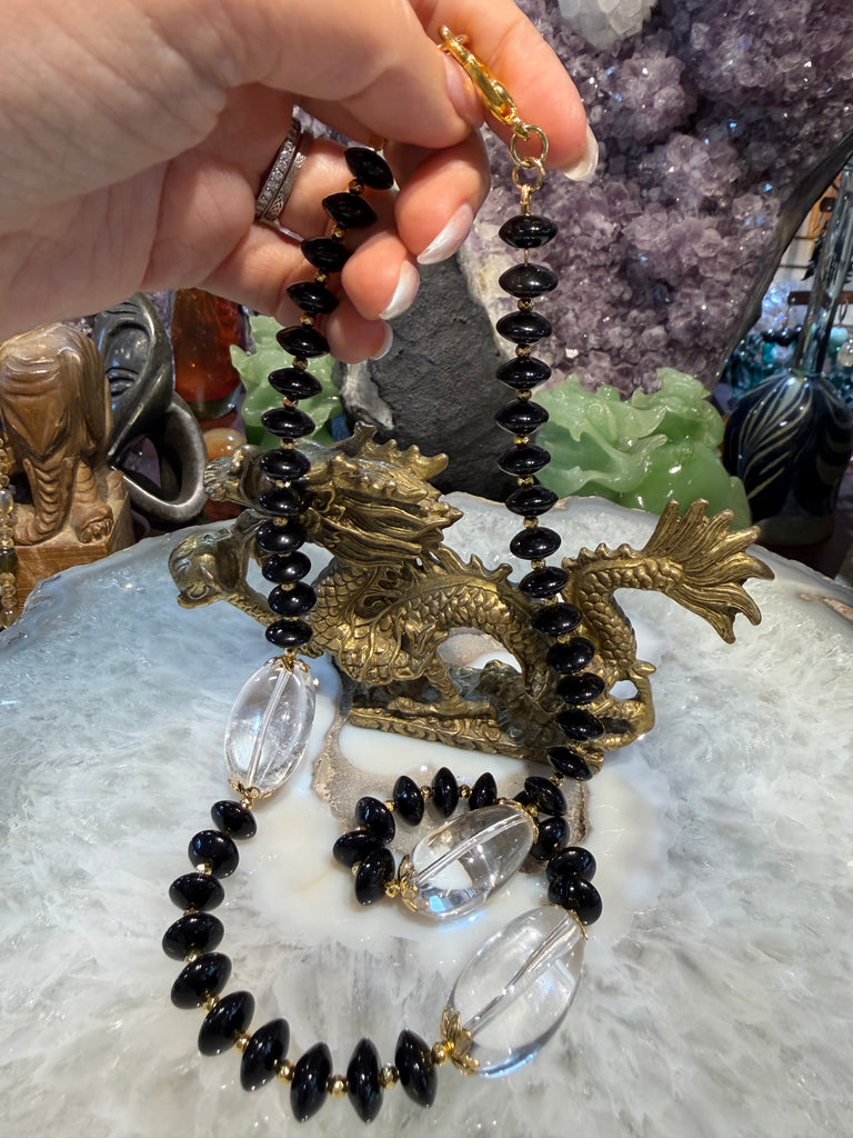Onyx & large oval quartz gemstone necklace