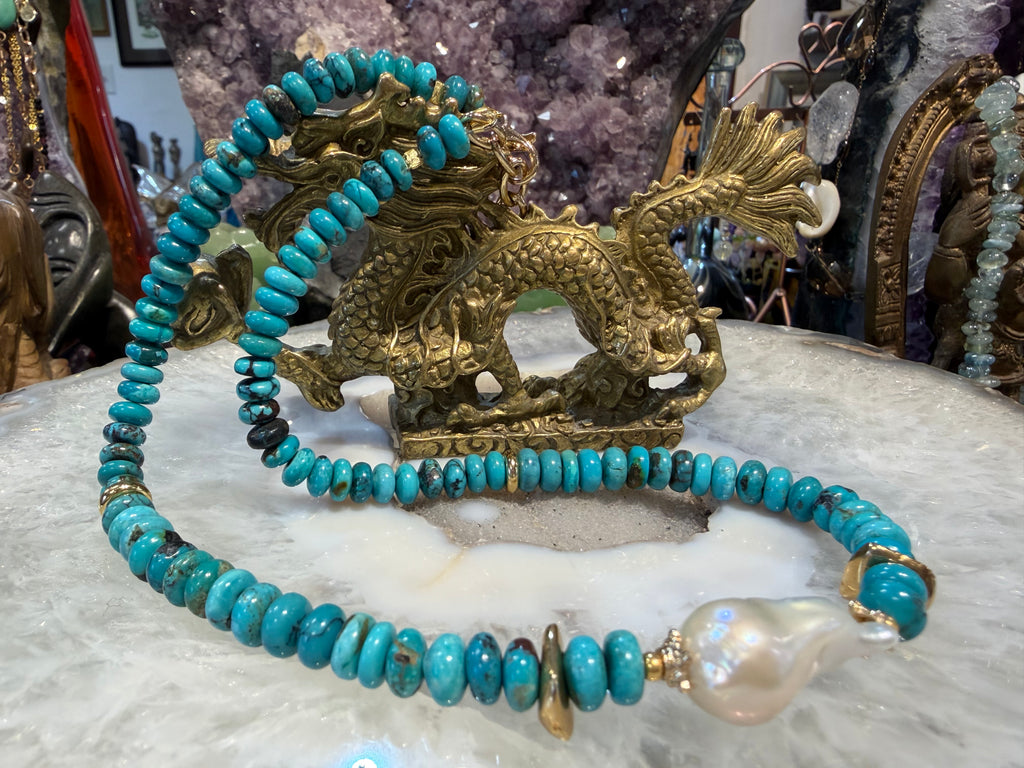 Amazing Turquoise & baroque pearl gemstone necklace