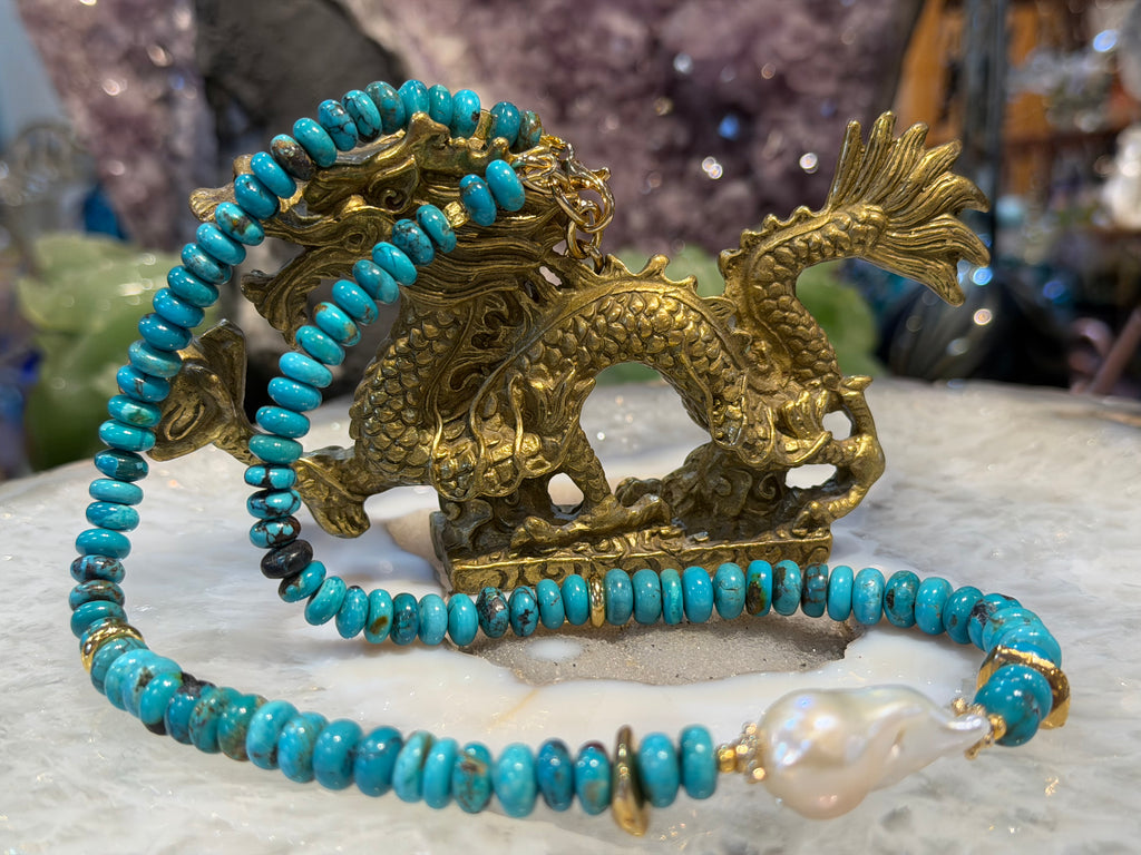 Amazing Turquoise & baroque pearl gemstone necklace
