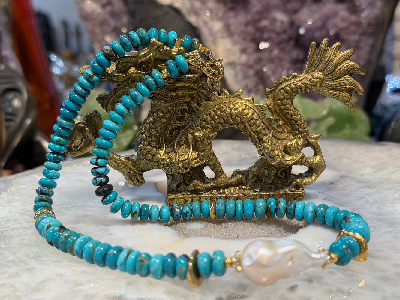 Amazing Turquoise & baroque pearl gemstone necklace
