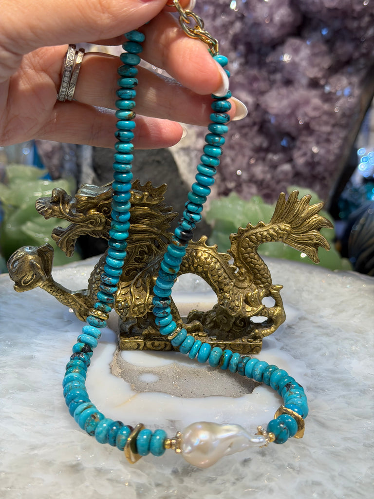 Amazing Turquoise & baroque pearl gemstone necklace