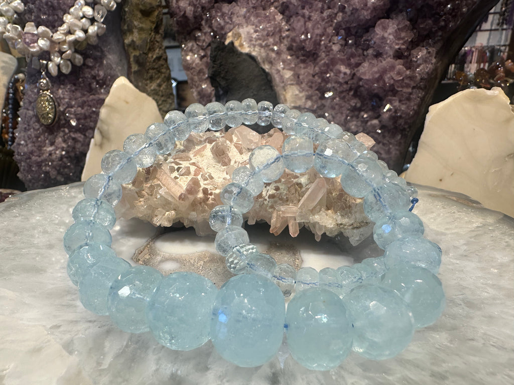 Stunning aquamarine faceted gem cut large rondelle gemstone beads
