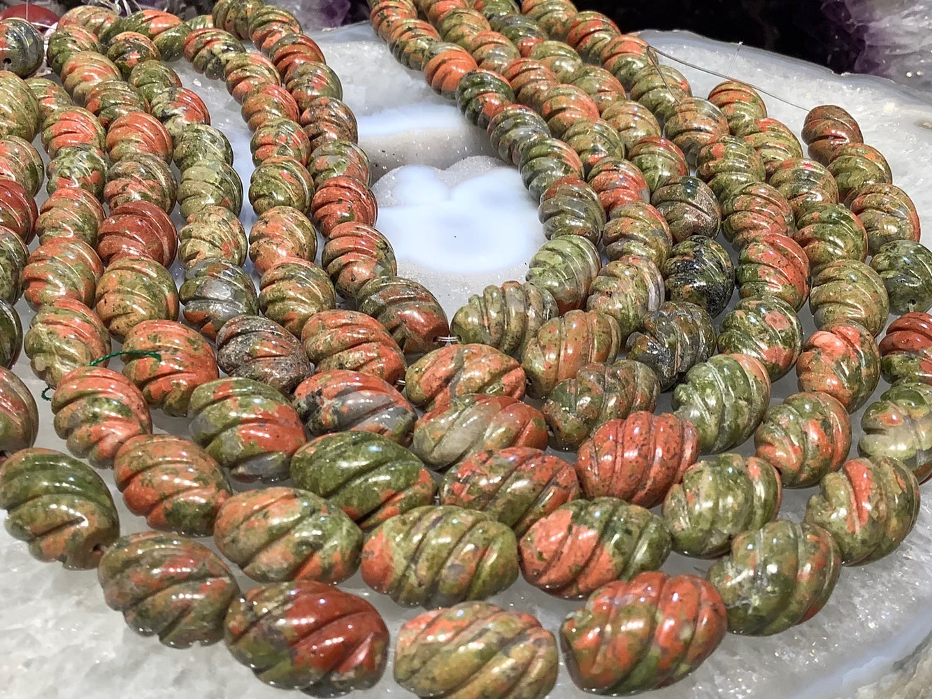 Natural Pink Green Unakite Carved Gemstone Beads 19x12mm