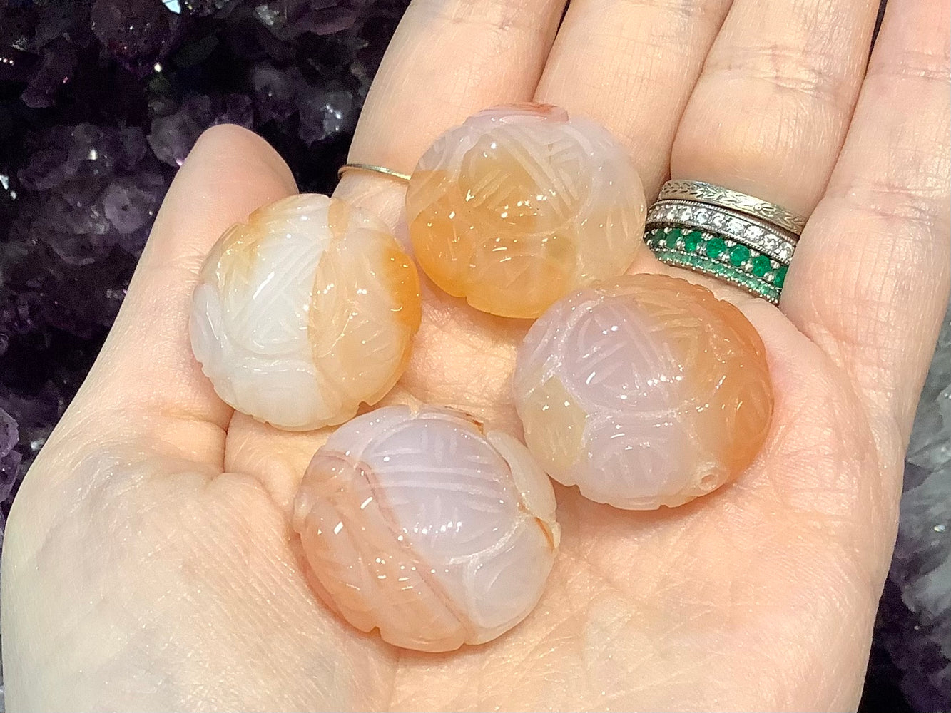 4 Large carnelian carved shou gemstone beads