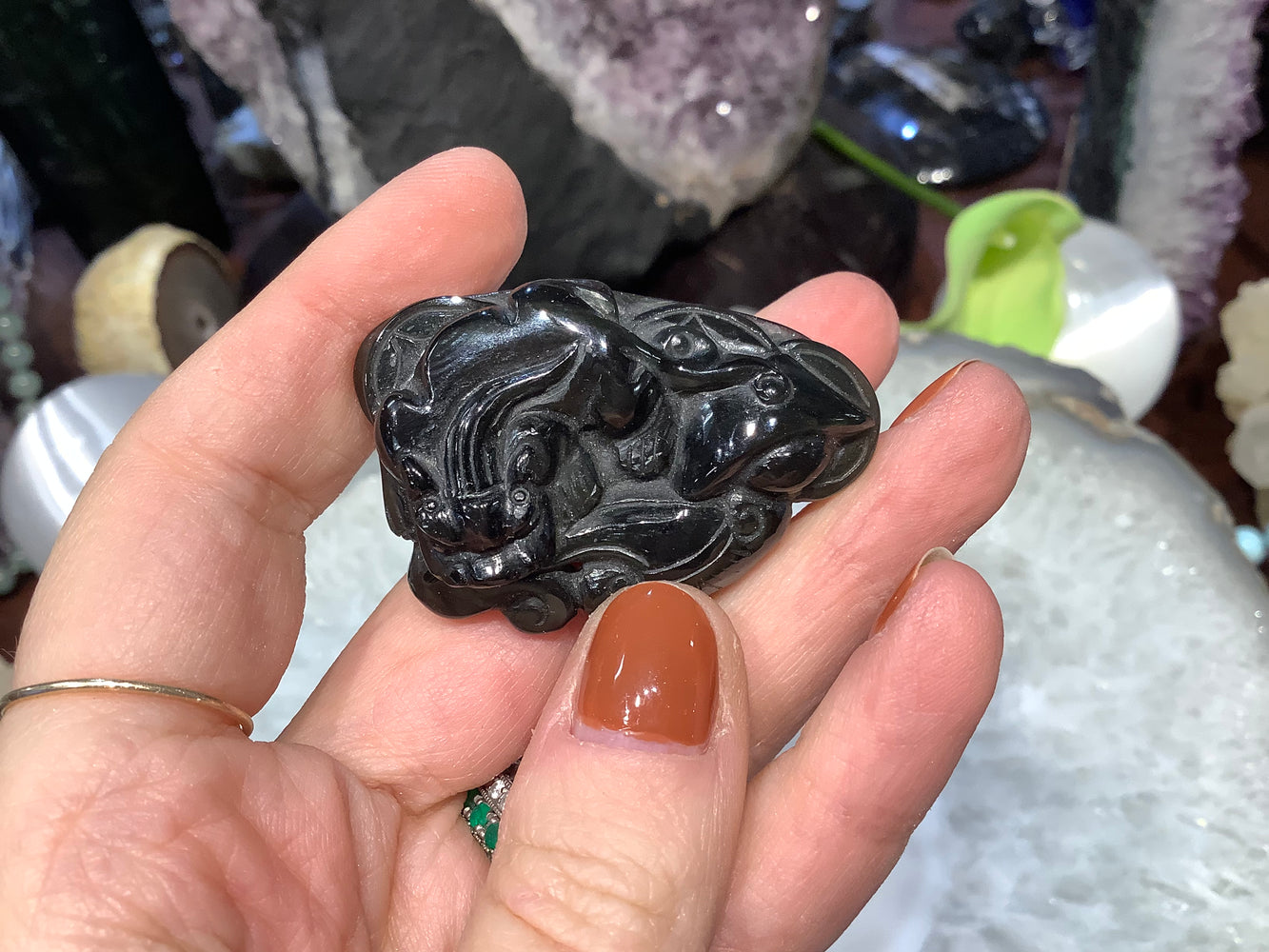 Rainbow obsidian carved dragon heart gemstone pendant