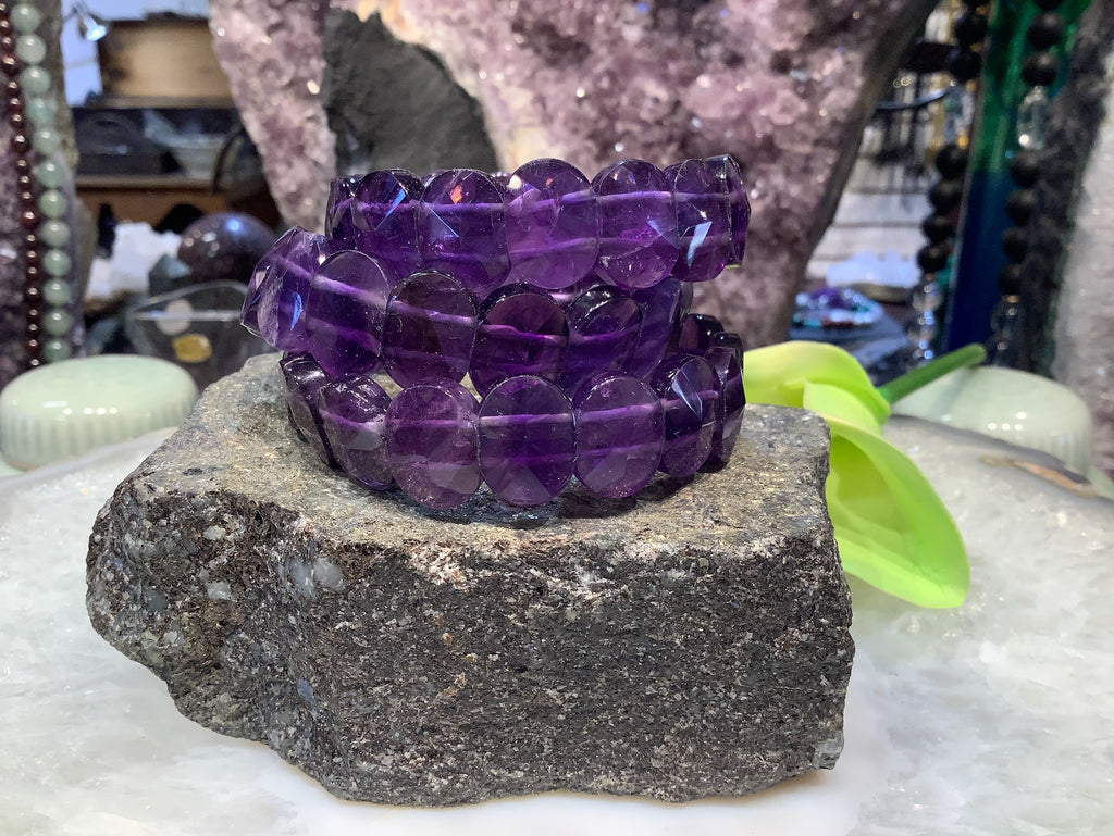 Faceted Cut Brazil Purple Amethyst 2 Hole Cuff gemstone bracelet