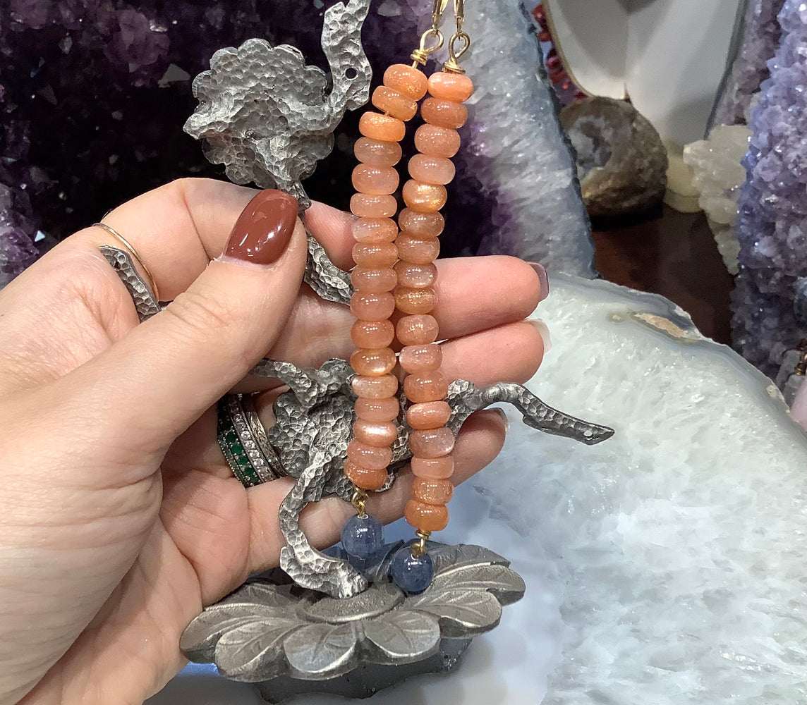Beautiful Peach moonstone & blue kyanite gemstone earrings