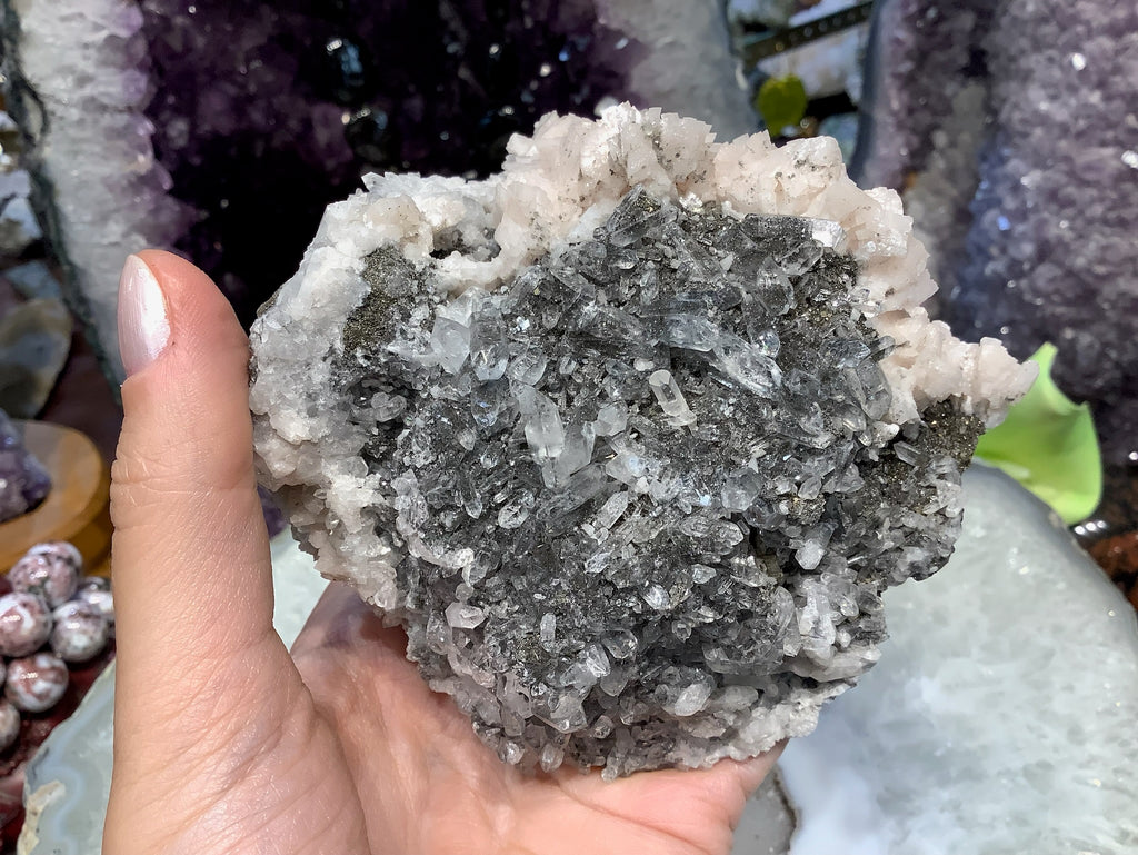 Natural Dolomite with Terminated Quartz Points and Pyrite