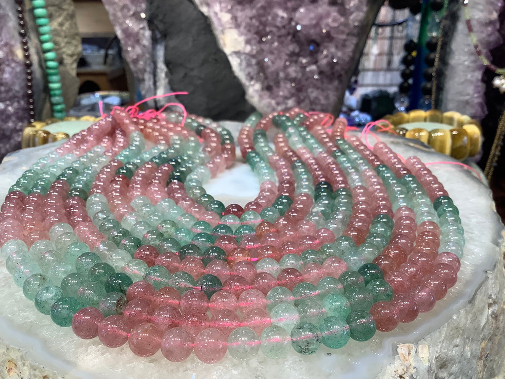Pink strawberry quartz & green epidote 8mm gemstone beads