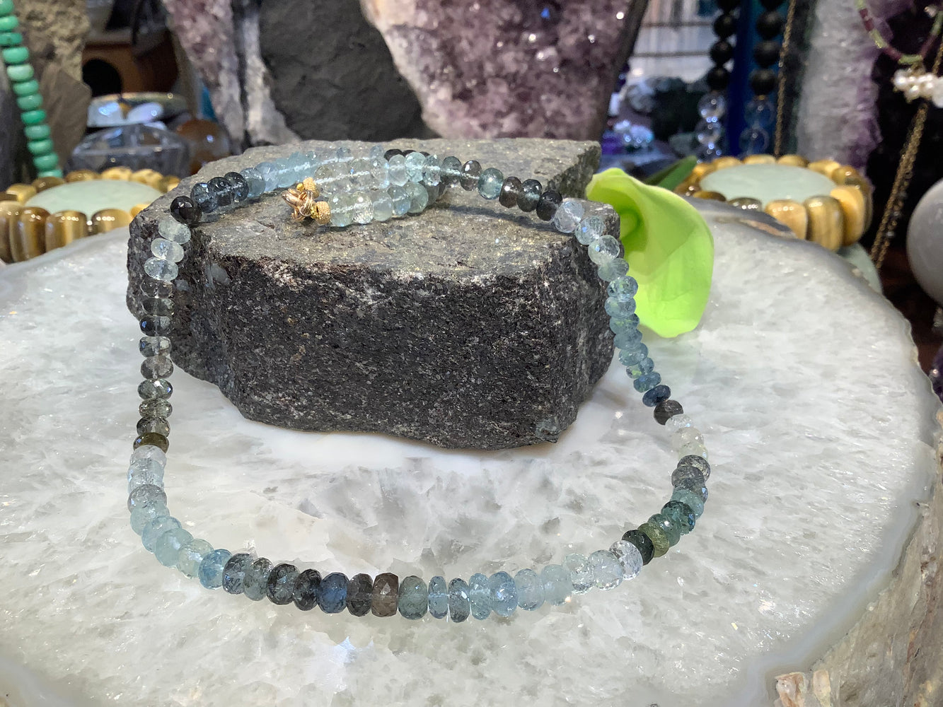 Gorgeous moss aquamarine 6.5mm faceted rondelle gemstone necklace