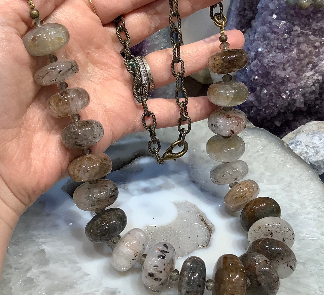 Rare large Cacoxenite rondelle gemstone necklace